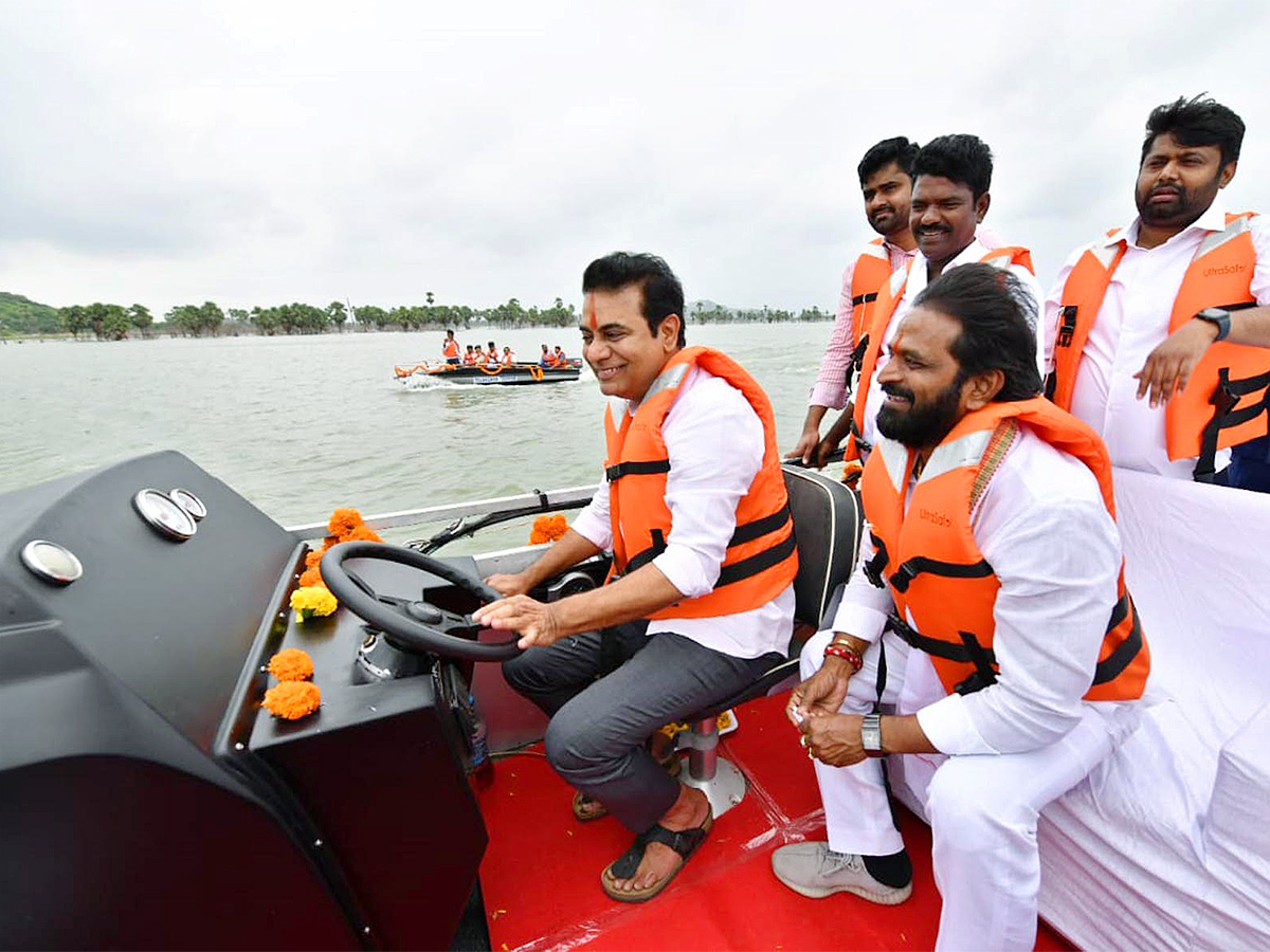 KTR Drives a Boat Launches New Boating Service in Rajanna Sircilla - Sakshi