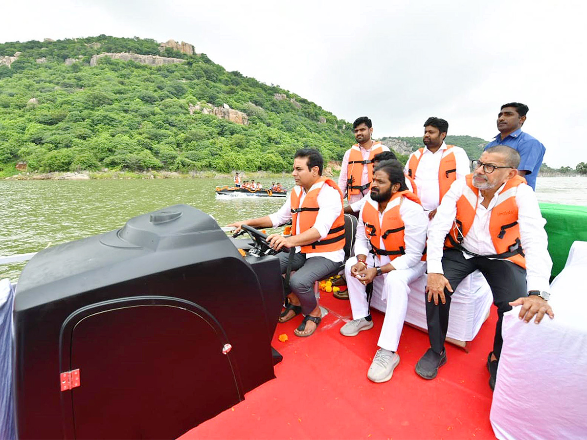 KTR Drives a Boat Launches New Boating Service in Rajanna Sircilla - Sakshi