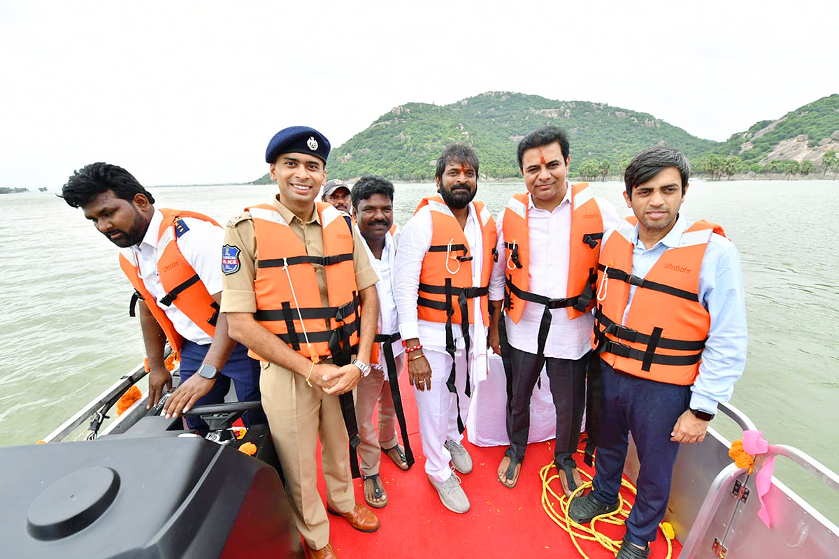 KTR Drives a Boat Launches New Boating Service in Rajanna Sircilla - Sakshi