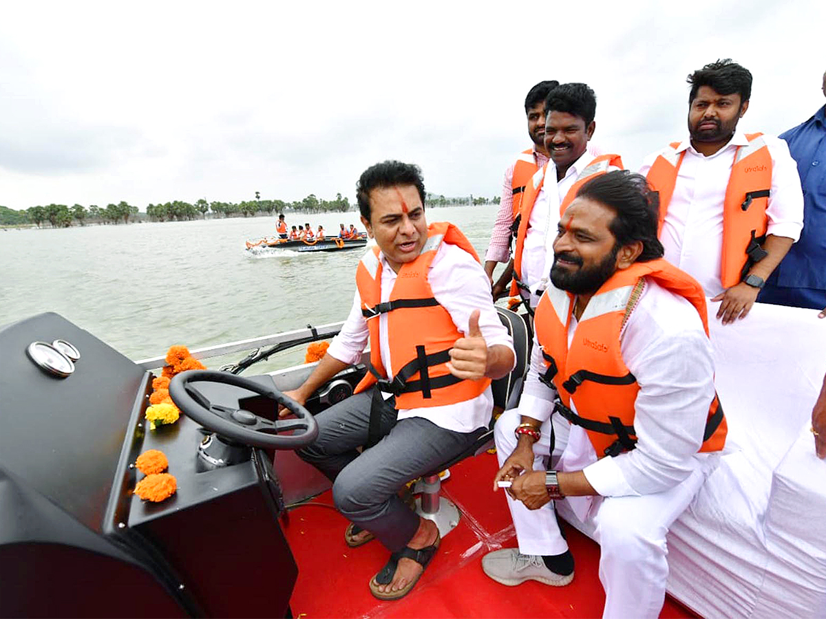 KTR Drives a Boat Launches New Boating Service in Rajanna Sircilla - Sakshi