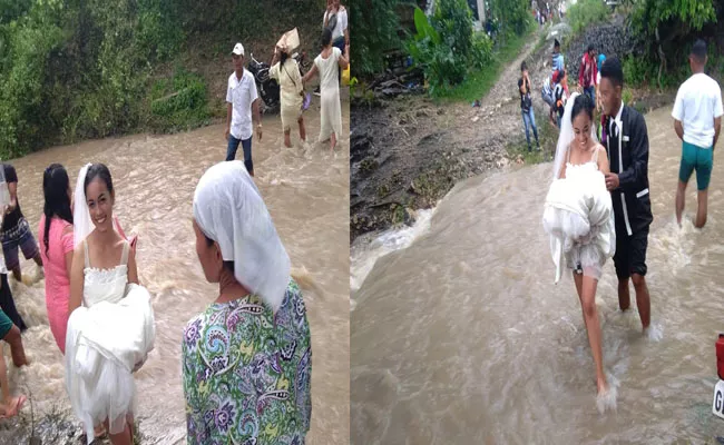 couple braves storm wades through floodwater to get married  - Sakshi