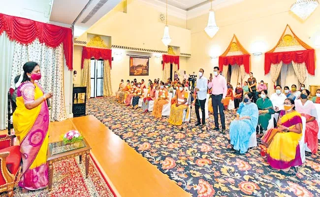 Telangana Governor Distributes Sarees To Women Employees In Raj Bhavan - Sakshi