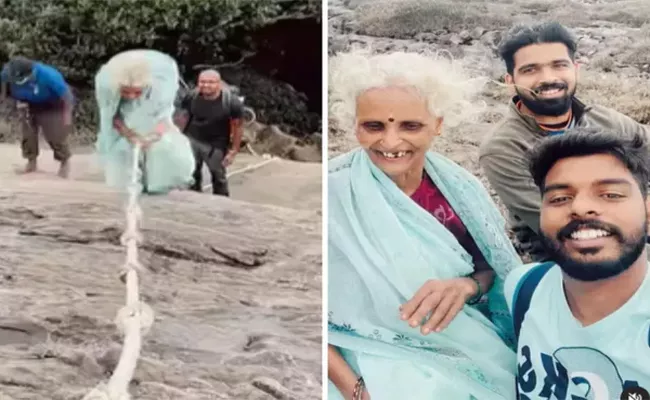 Viral Video: 62 Year Old Woman Climbed Agasthyarkoodam - Sakshi
