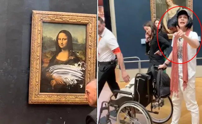 Man In Elderly Woman Getup Smears Mona Lisa Portrait With Cake  - Sakshi