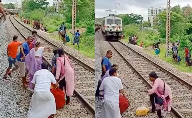 Woman Crossing Railway Track Seconds Before Train Arrival Viral - Sakshi