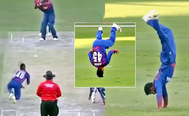 Dipendra Airee celebrates wicket with a somersault IN ICC CWC League2 - Sakshi