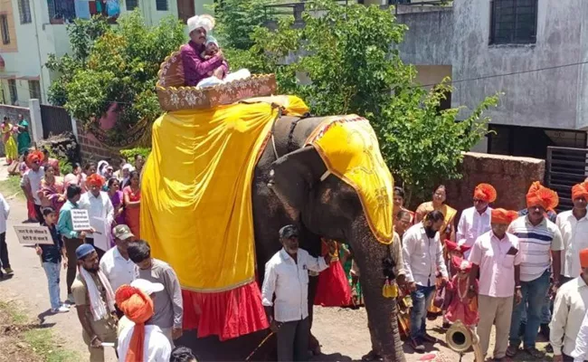 Father Celebrate Birth Of Girl Taking Out Procession On Elephant In Kolhapur Of Maharashtra - Sakshi