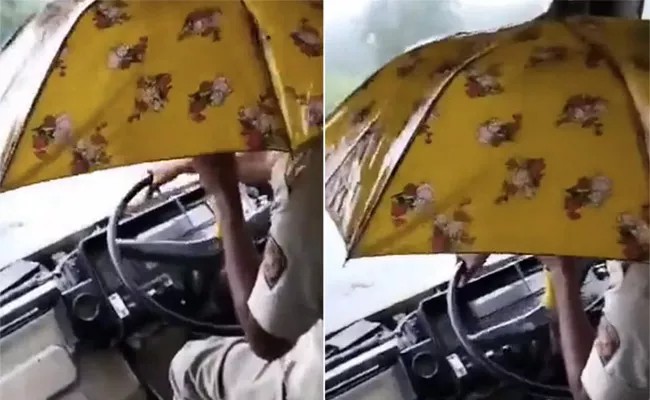 Bus Driver Holding Umbrella in his Hand when bus Roof Leaked - Sakshi