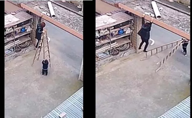 The little boy rescued his stuck mother lifting the big ladder viral video - Sakshi