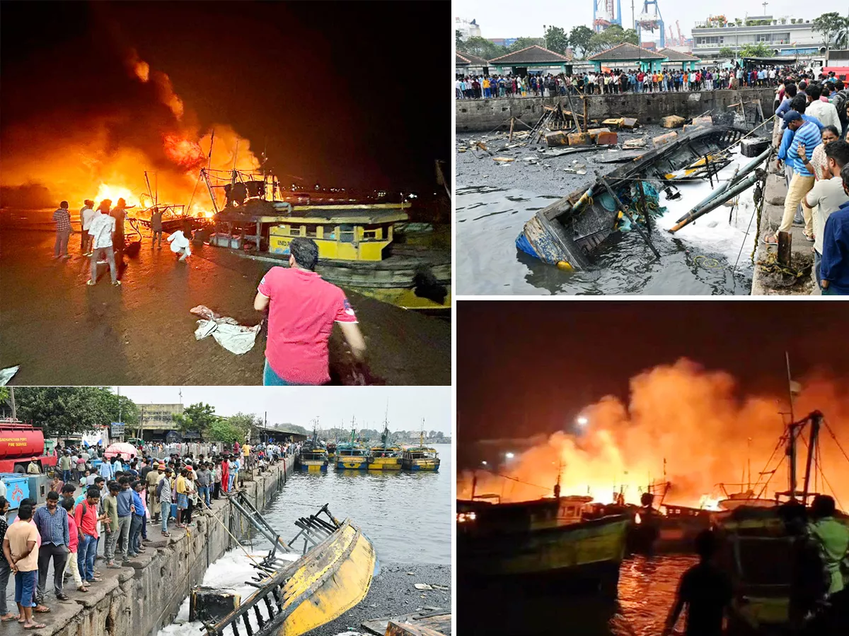 Boats Burnt In Visakhapatnam Fishing Harbour Photos - Sakshi