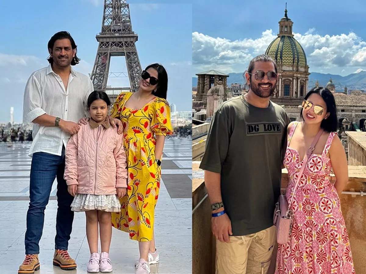 MS Dhoni With Wife Sakshi Daughter Ziva Stylish Parisian Outing Viral Pics